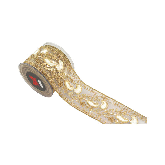 Panglica decorativa Feronia, alb/auriu, 8 cm x 4.5 m - SIMONA'S CHRISTMAS