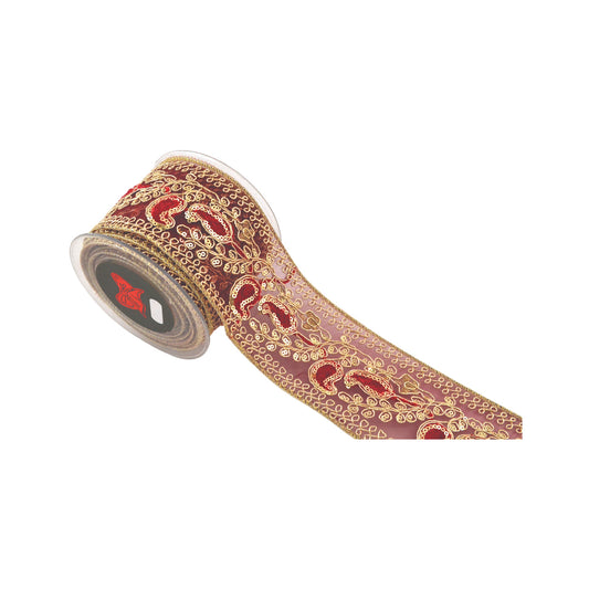Panglica decorativa Feronia, burgundy/auriu, 8 cm x 4.5 m - SIMONA'S CHRISTMAS