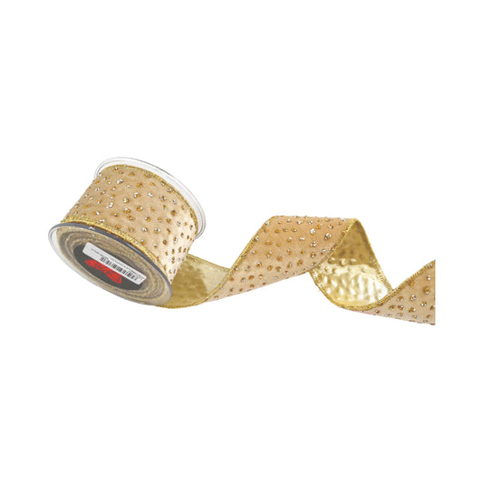 Panglica decorativa Portabella, crem/auriu, 6.7 cm x 4.5 m - SIMONA'S CHRISTMAS