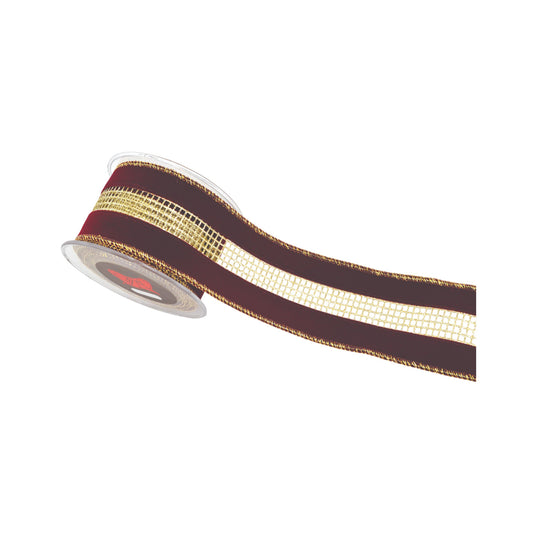 Panglica decorativa Velvet Glitter Net, burgundy/auriu, 6.7 cm x 4.5 m - SIMONA'S CHRISTMAS