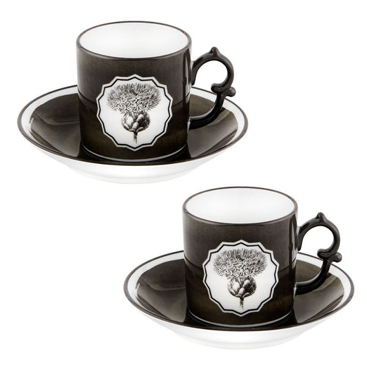 Set 2 cesti pentru espresso si farfurii, negru, Herbariae - CHRISTIAN LACROIX