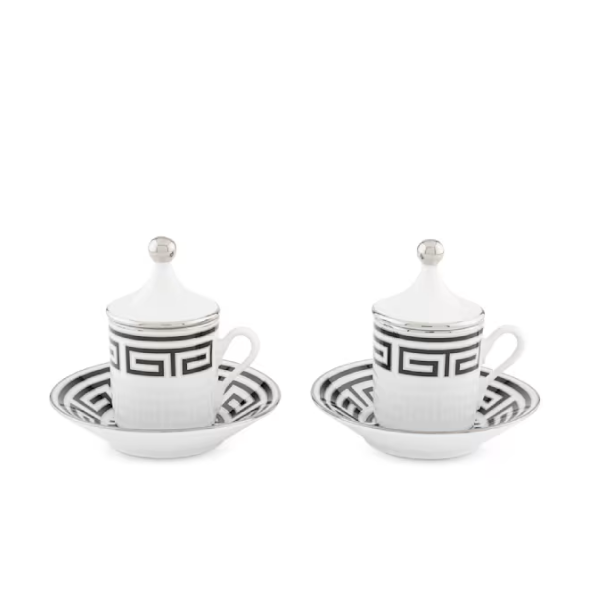 Set 2 cesti pentru espreso si farfurii, 80 ml, Labirinto Nero - GINORI 1735