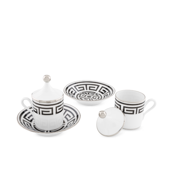 Set 2 cesti pentru espreso si farfurii, 80 ml, Labirinto Nero - GINORI 1735