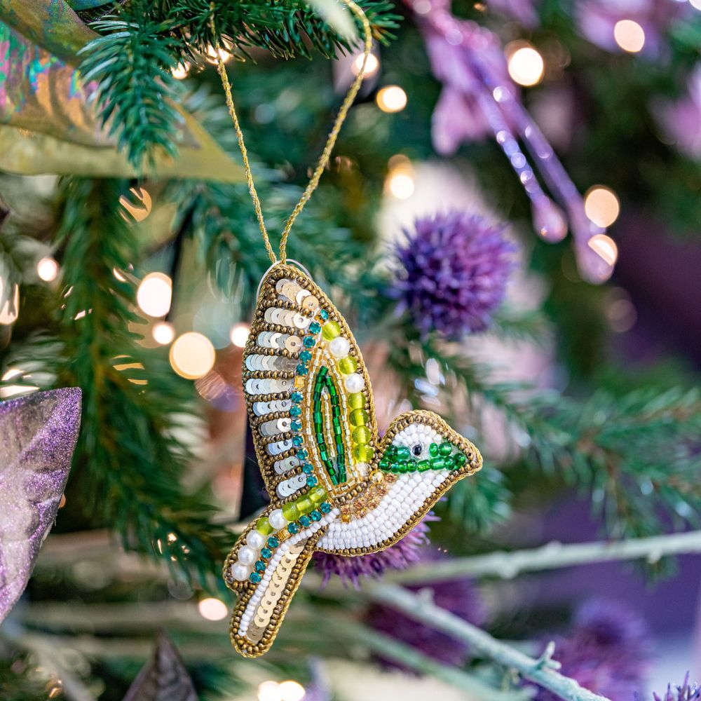 Ornament colibri Colomba cu perle, alb-verde, 8 cm - SIMONA'S Christmas