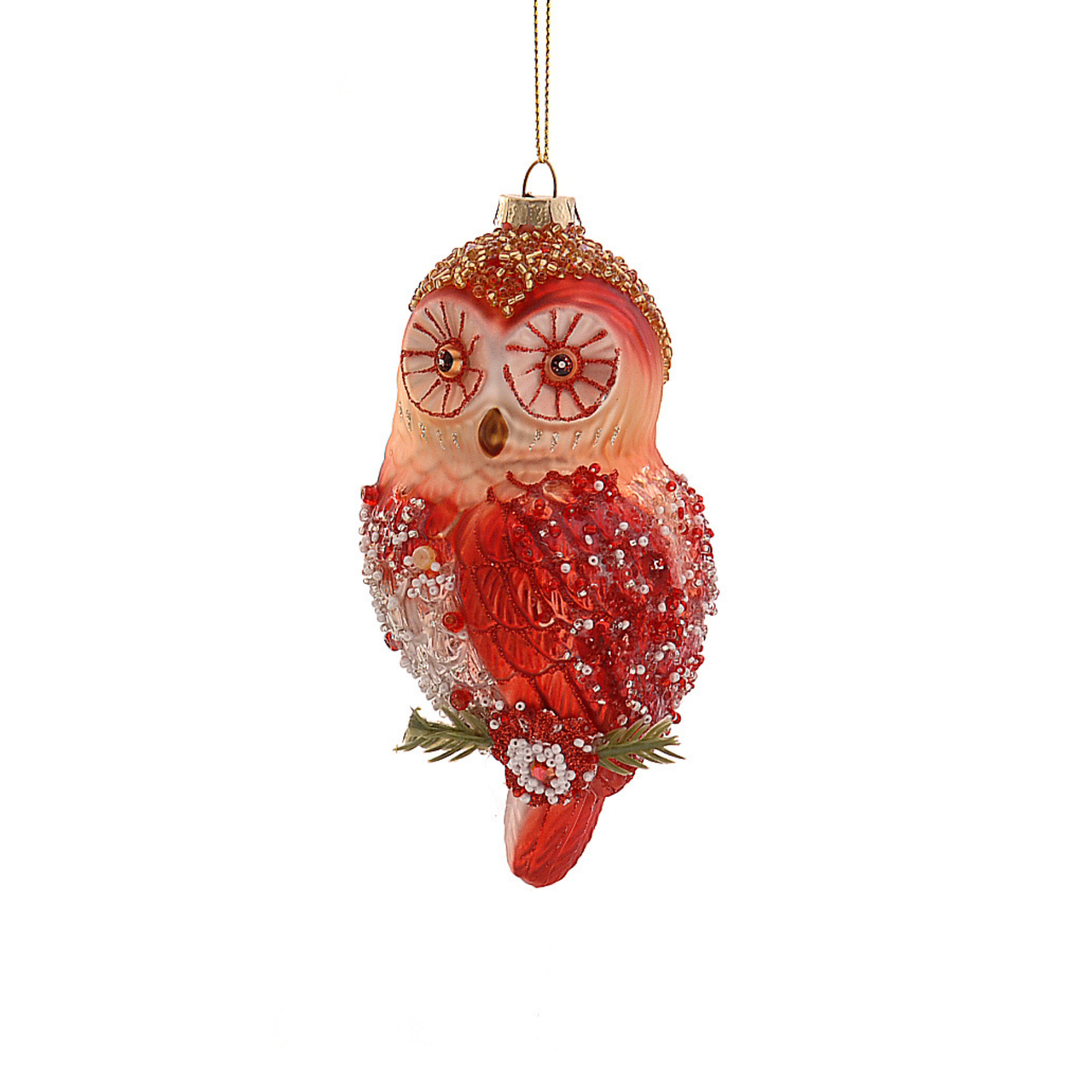 Ornament pentru brand bufnita rosu/verde/auriu, 13cm  - Simona's Christmas