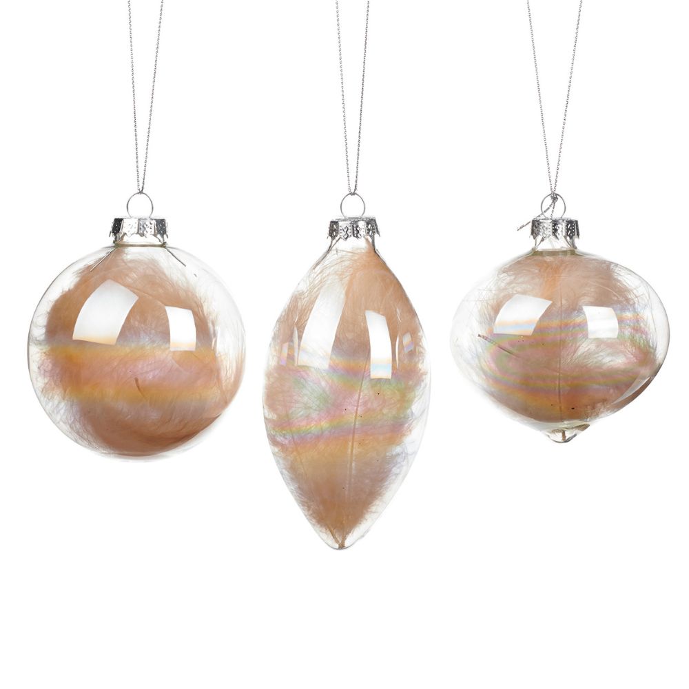 Glob din sticla irizat cu pene in interior, crem, 8 cm - SIMONA'S Christmas