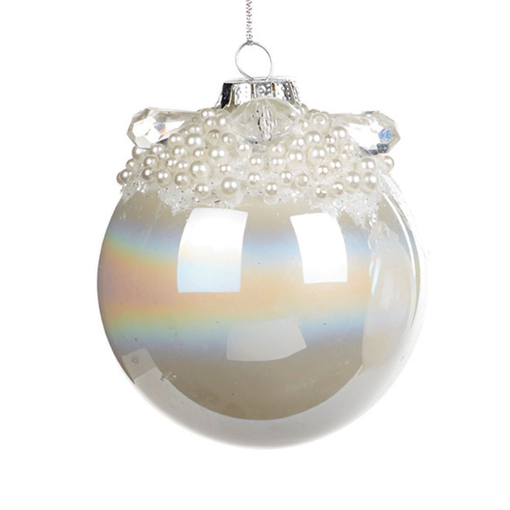 Glob din sticla irizat, cu perle, alb, 8 cm  - SIMONA'S CHRISTMAS