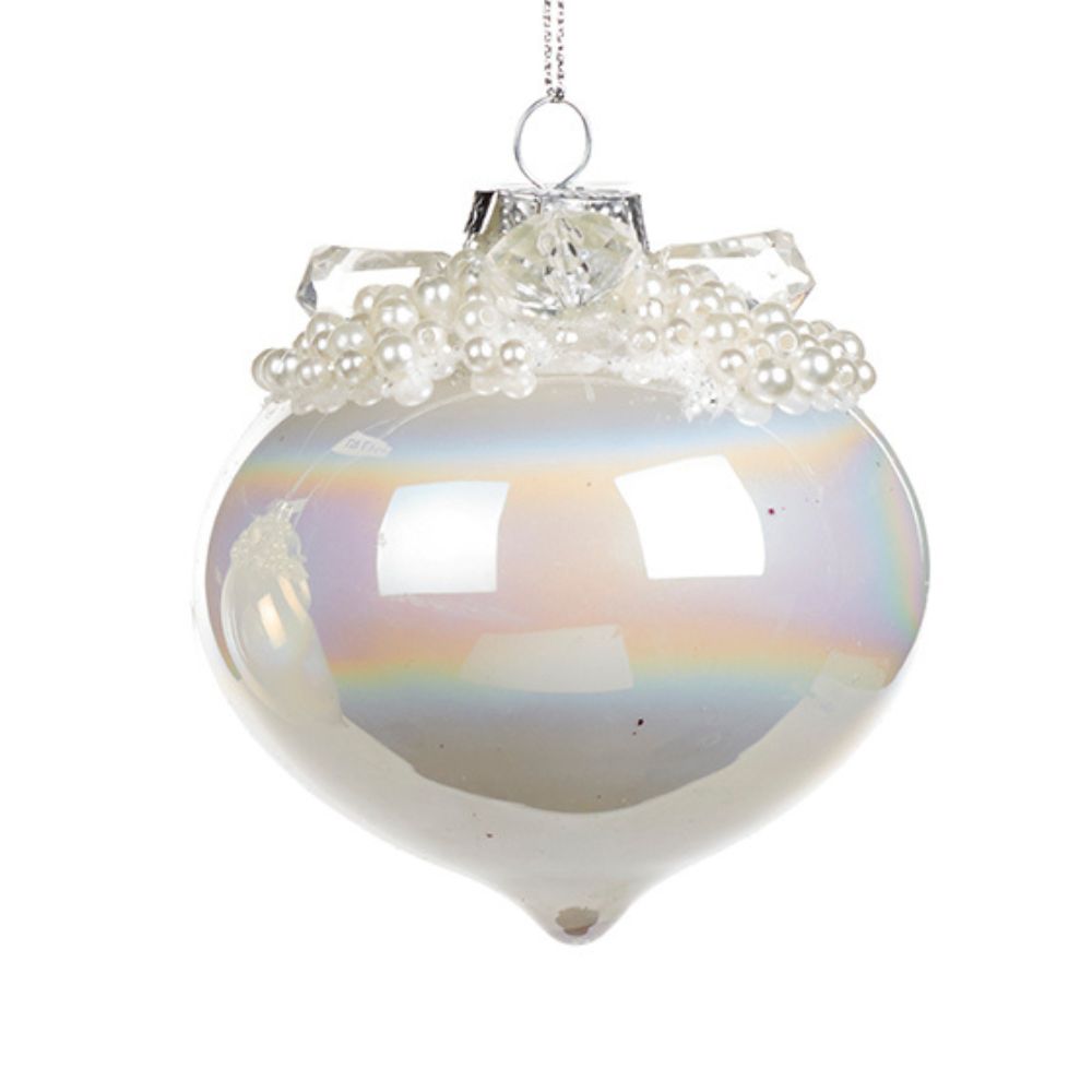 Glob din sticla irizat, cu perle, alb, 8 cm  - SIMONA'S CHRISTMAS