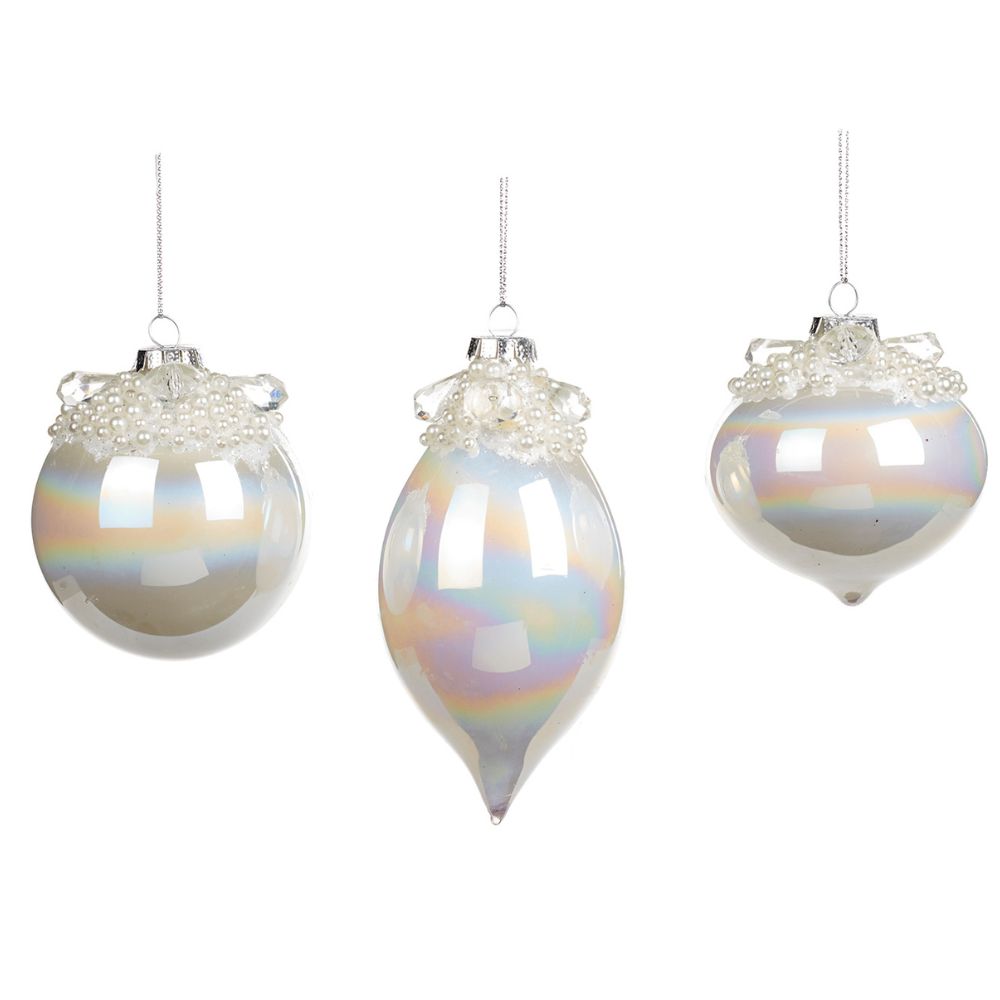 Glob din sticla irizat, cu perle, alb, 8 cm  - SIMONA'S CHRISTMAS