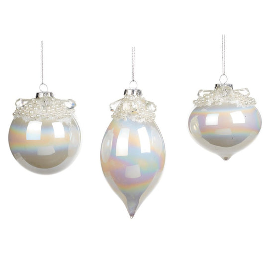 Glob din sticla irizat, cu perle, alb, 8 cm  - SIMONA'S CHRISTMAS