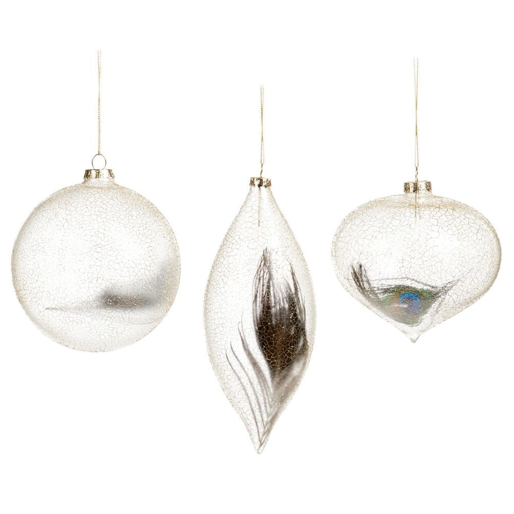 Glob din sticla Crackle cu pene, sampanie, 12 cm - SIMONA'S Christmas