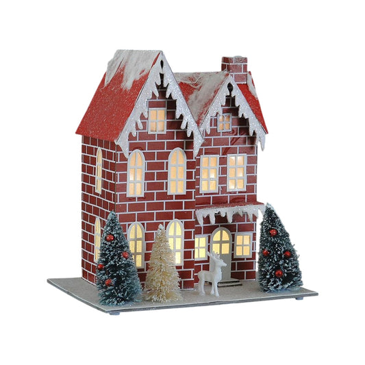 Decoratiune cu leduri, Casa cu brazi, burgundy, 25 cm - SIMONA'S Christmas