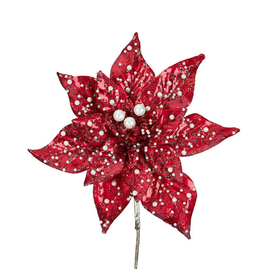 Floare decorativa Craciunita Perlata, rosu, 38 cm - SIMONA'S CHRISTMAS