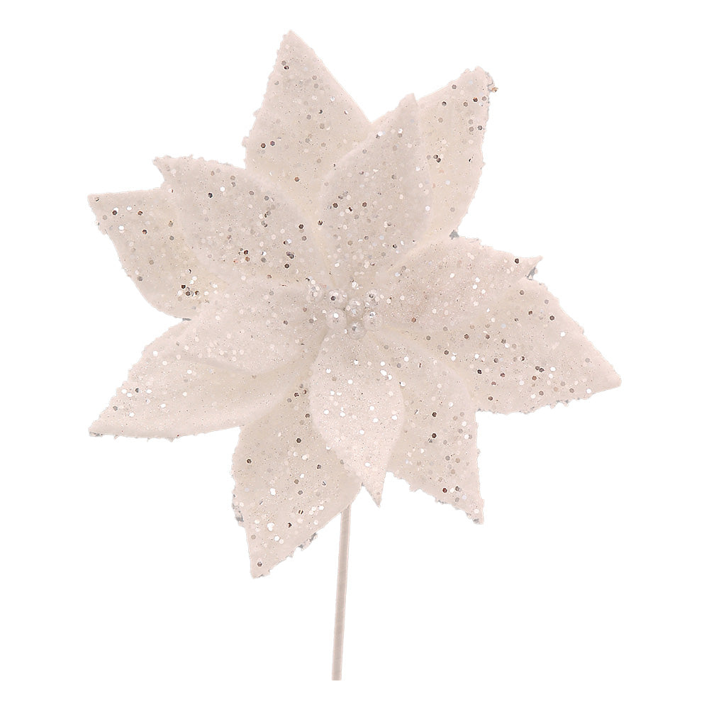 Floare decorativa Craciunita Sclipit, alb, 31 cm - SIMONA'S CHRISTMAS