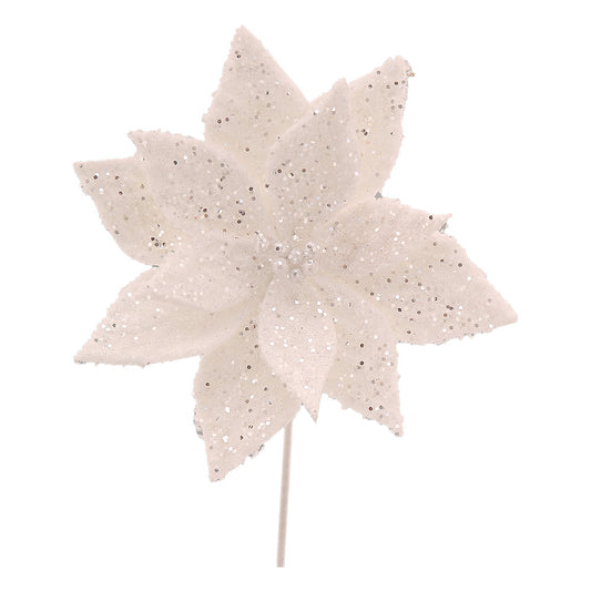 Floare decorativa Craciunita Sclipit, alb, 31 cm - SIMONA'S CHRISTMAS