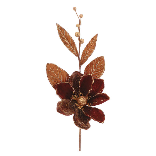 Floare decorativa Magnolie, burgundy/auriu, 26 cm - SIMONA'S CHRISTMAS