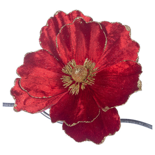 Floare decorativa pentru brad Magnolia Sclipit, rosu/auriu, 22 cm - SIMONA'S CHRISTMAS