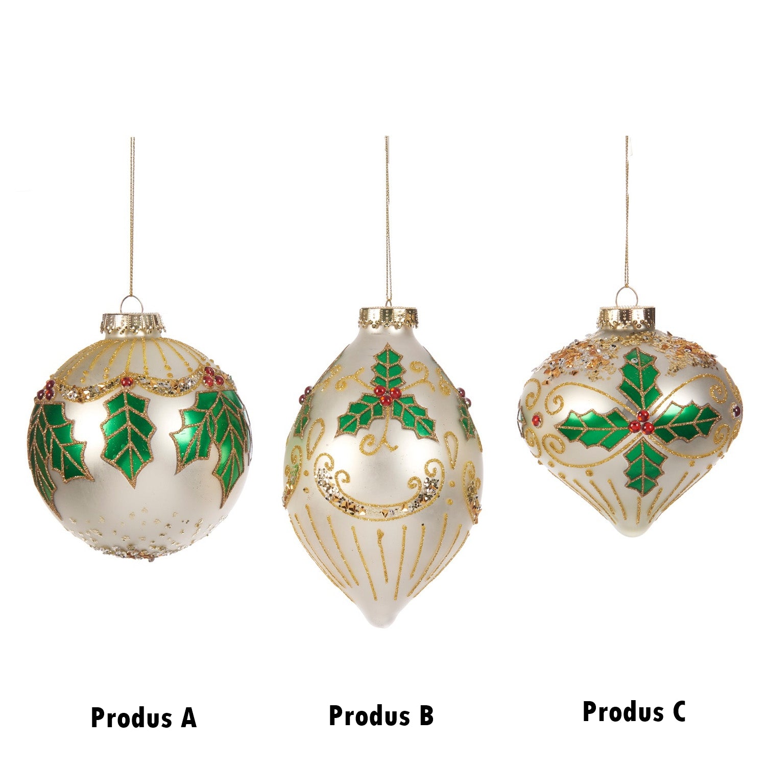 Glob decorativ Holly, alb/verde, 15 cm - SIMONA'S CHRISTMAS