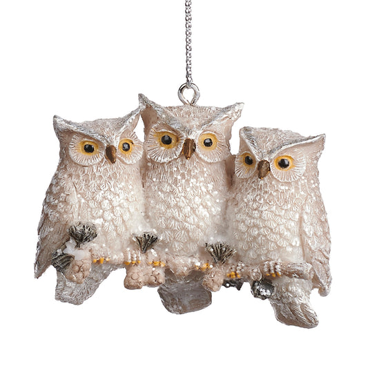 Ornament pentru brad, 3 Bufnite pe creanga, crem, 5 cm, SIMONA'S CHRISTMAS