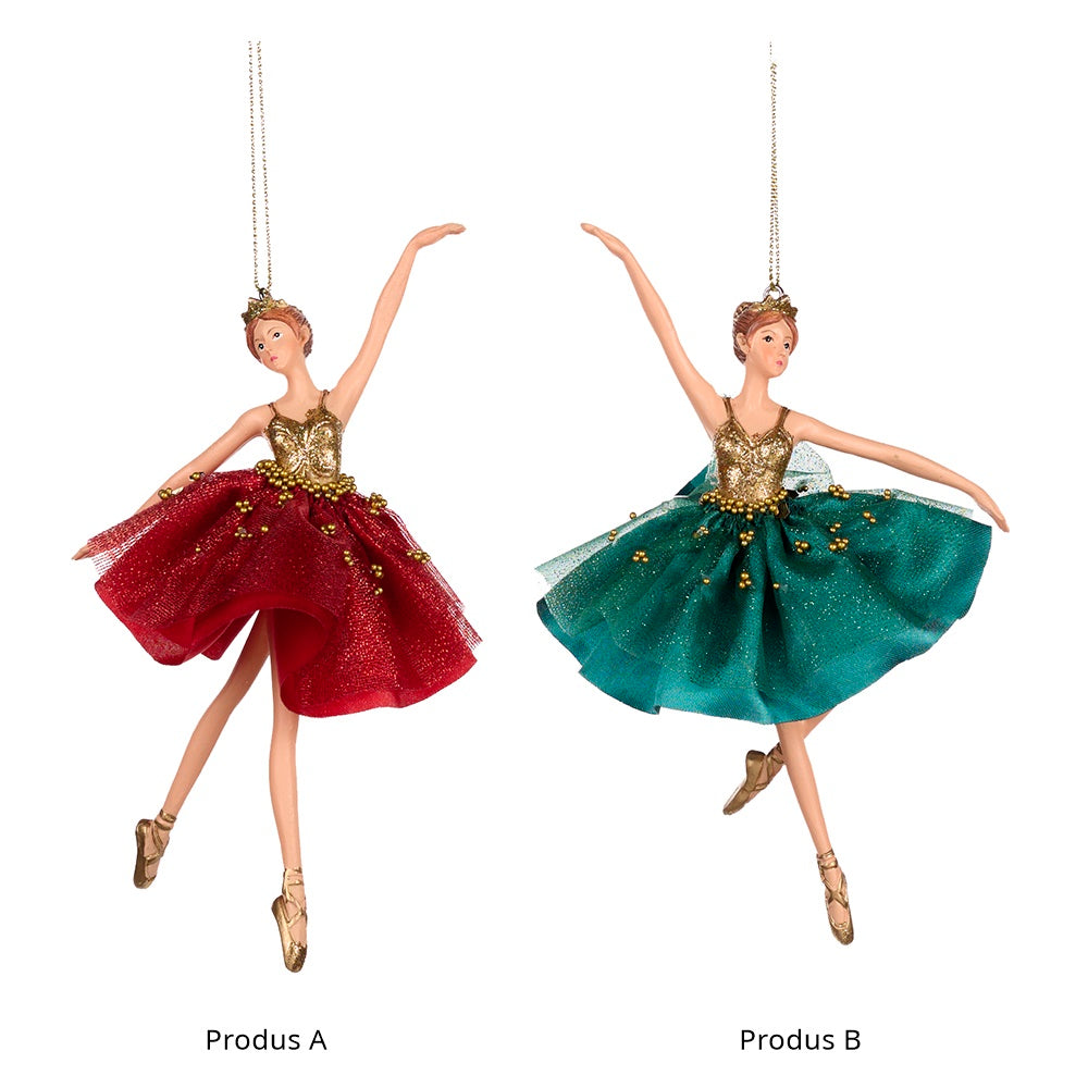 Ornament pentru brad, Balerina Twinkle, rosu/verde, 15 cm, SIMONA'S CHRISTMAS