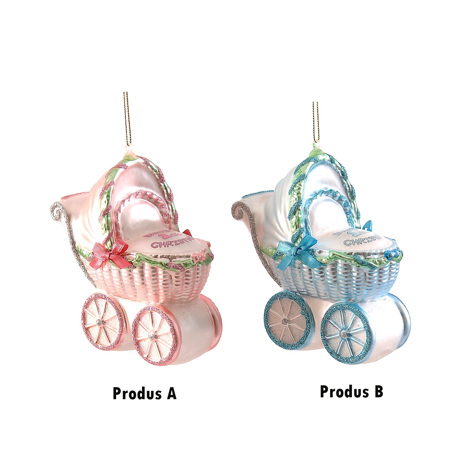 Ornament pentru brad, Carucior bebelus, roz/albastru, 13 cm - SIMONA'S CHRISTMAS