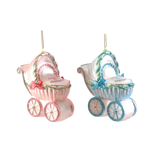 Ornament pentru brad, Carucior bebelus, roz/albastru, 13 cm - SIMONA'S CHRISTMAS