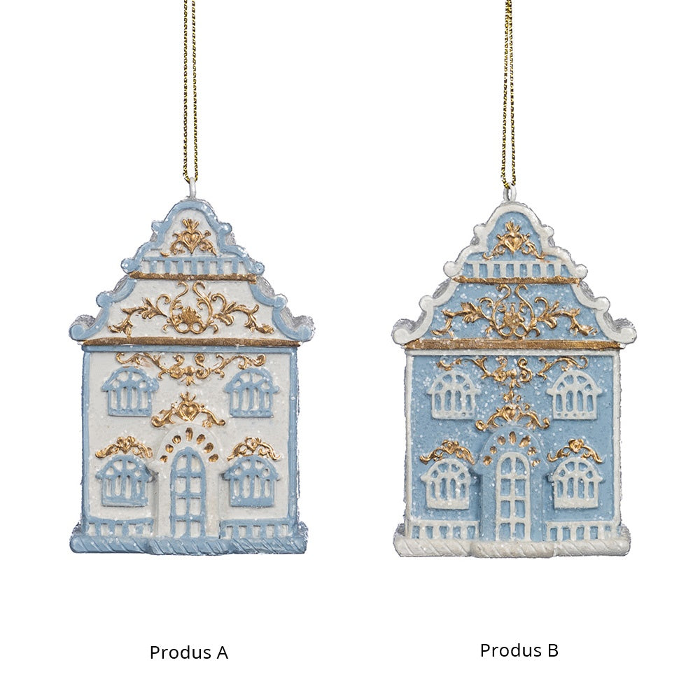Ornament pentru brad, Casuta Delft, albastru/alb, 8 cm, SIMONA'S CHRISTMAS