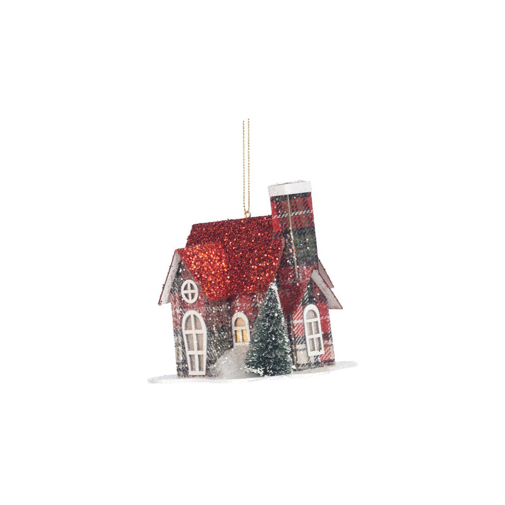 Ornament pentru brad, Casuta Tartan cu led, rosu, 13 cm - SIMONA'S CHRISTMAS