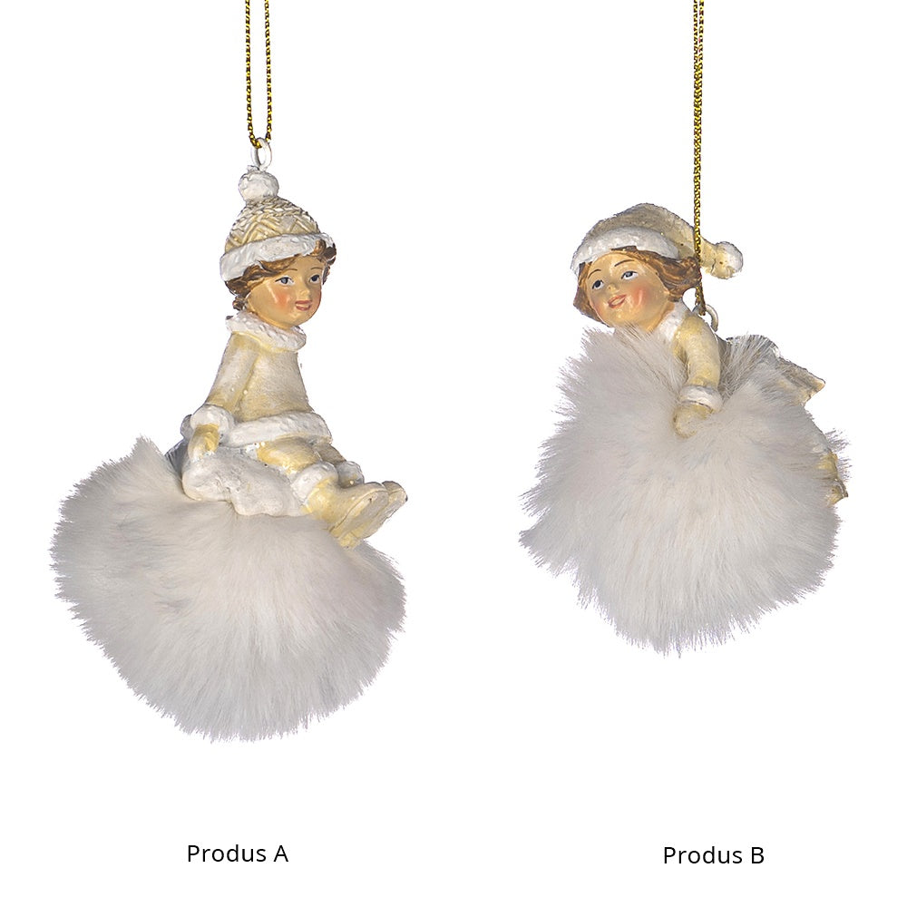 Ornament pentru brad, Copii pe glob Furry, alb/crem, 7 cm, SIMONA'S CHRISTMAS