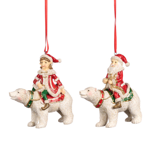 Ornament pentru brad, Mos/Spiridus pe urs, rosu/alb, 12 cm, SIMONA'S CHRISTMAS