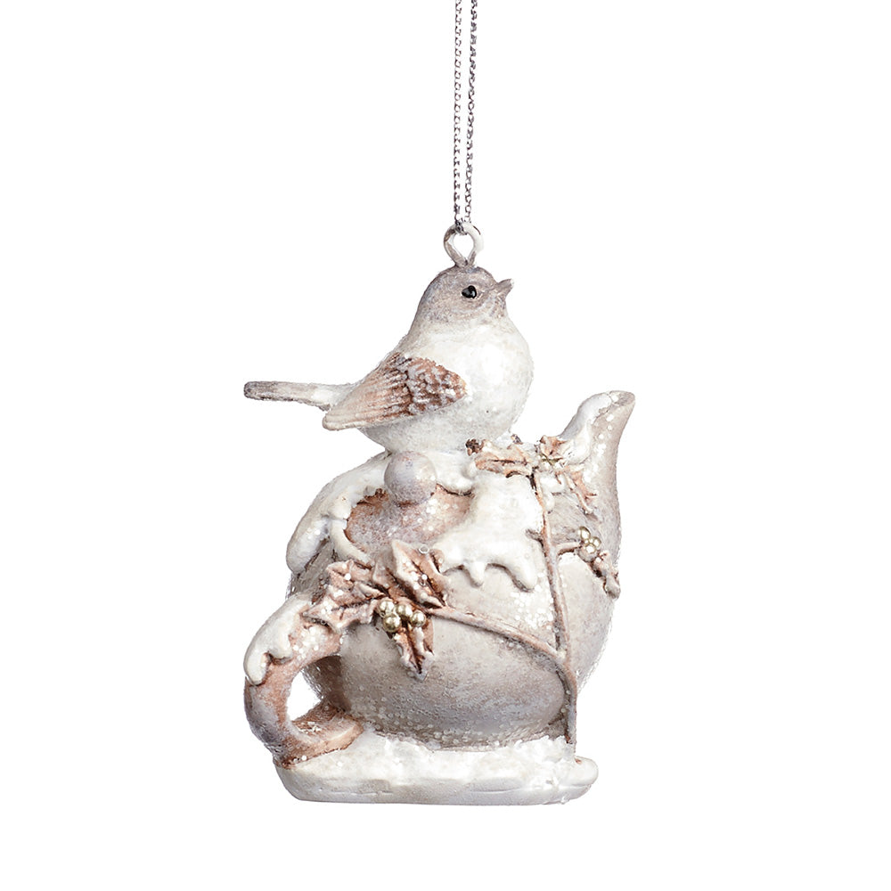 Ornament pentru brad, Pasare pe ceainic, crem, 6 cm, SIMONA'S CHRISTMAS
