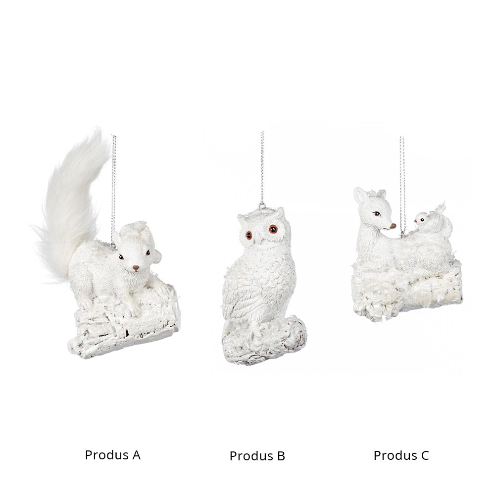 Ornament pentru brad, Ren/Bufnita/Veverita Fluffy, alb, 12 cm, SIMONA'S CHRISTMAS