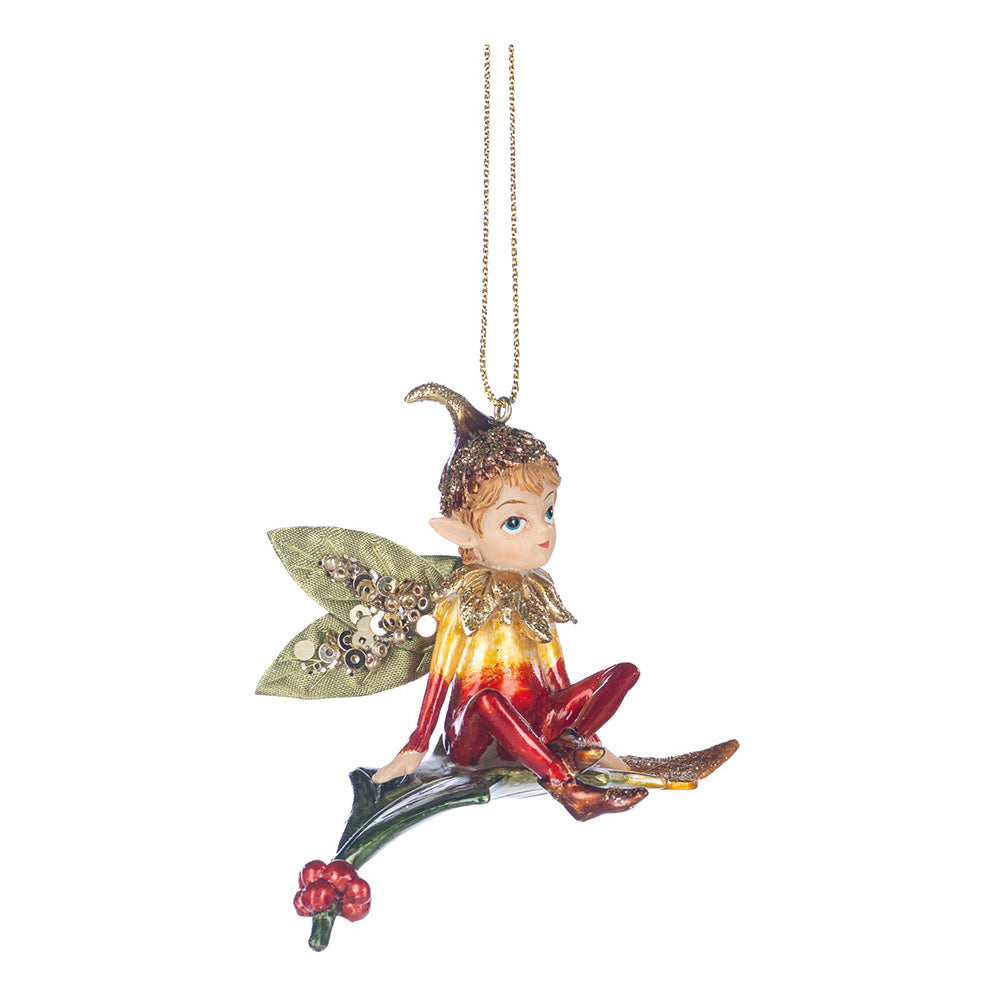 Ornament pentru brad, Spiridus pe frunza/ciuperca, rosu/verde, 8 cm - SIMONA'S CHRISTMAS