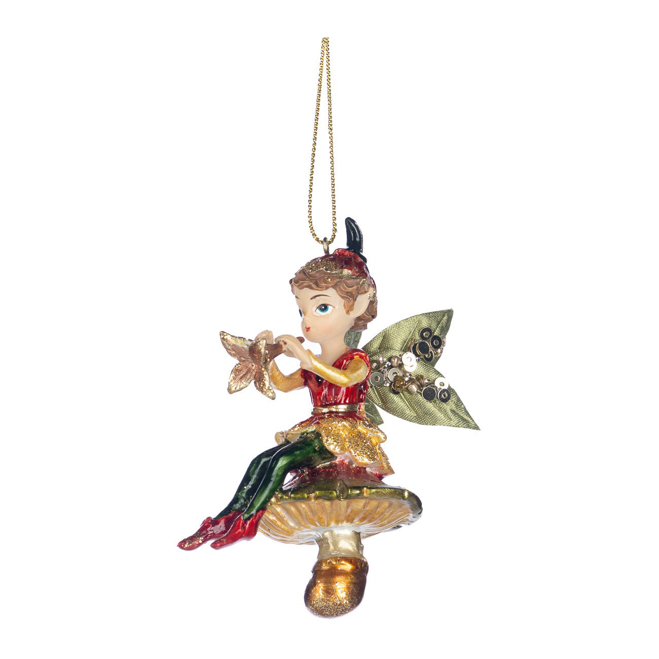 Ornament pentru brad, Spiridus pe frunza/ciuperca, rosu/verde, 8 cm - SIMONA'S CHRISTMAS