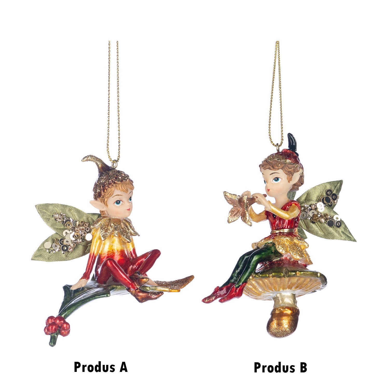 Ornament pentru brad, Spiridus pe frunza/ciuperca, rosu/verde, 8 cm - SIMONA'S CHRISTMAS