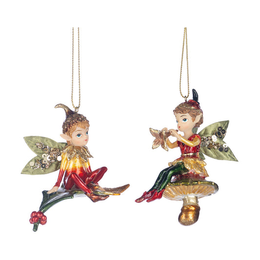 Ornament pentru brad, Spiridus pe frunza/ciuperca, rosu/verde, 8 cm - SIMONA'S CHRISTMAS