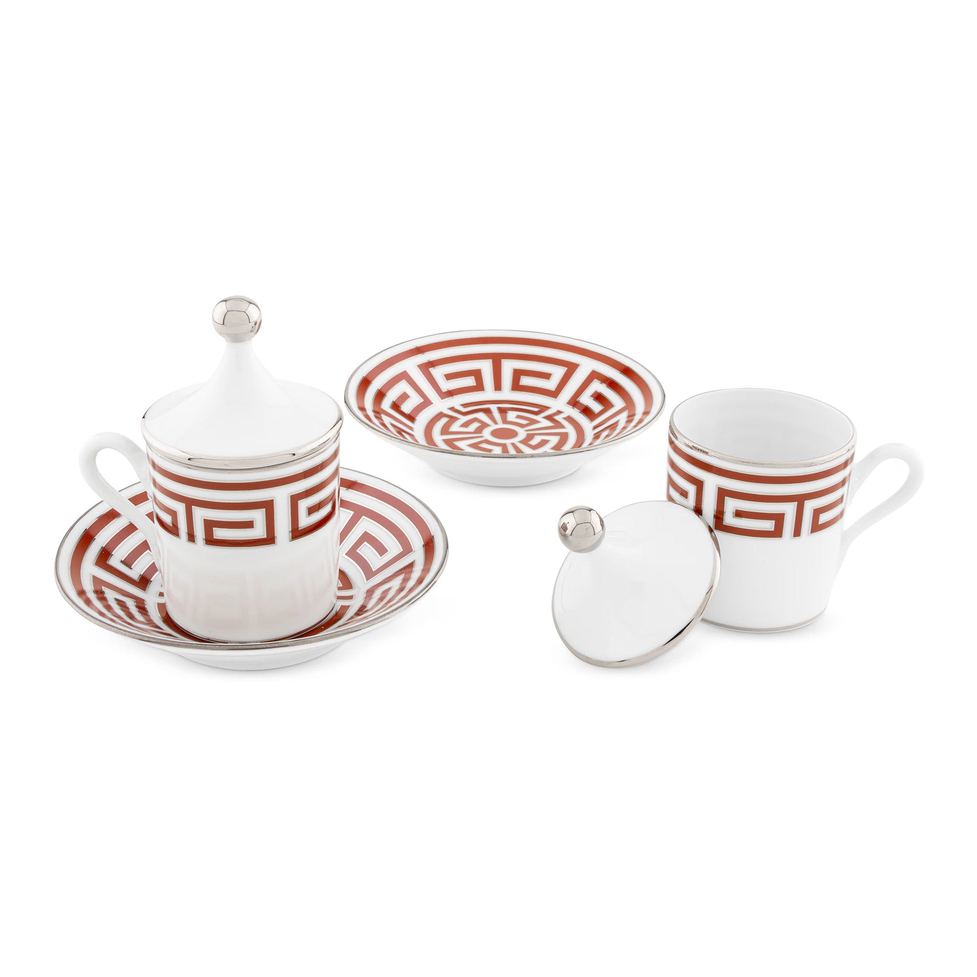 Set 2 cesti pentru espreso si farfurii, 80 ml, Labirinto Scarlatto - GINORI 1735