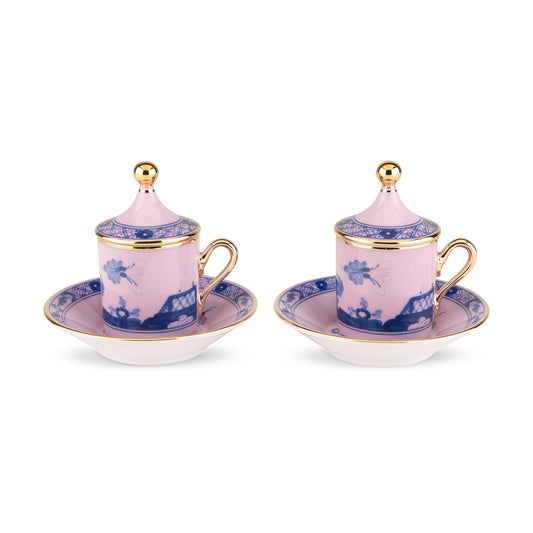 Set 2 cesti pentru espresso si farfurie, 80 ml, Oriente Italiano Azalea - GINORI 1735