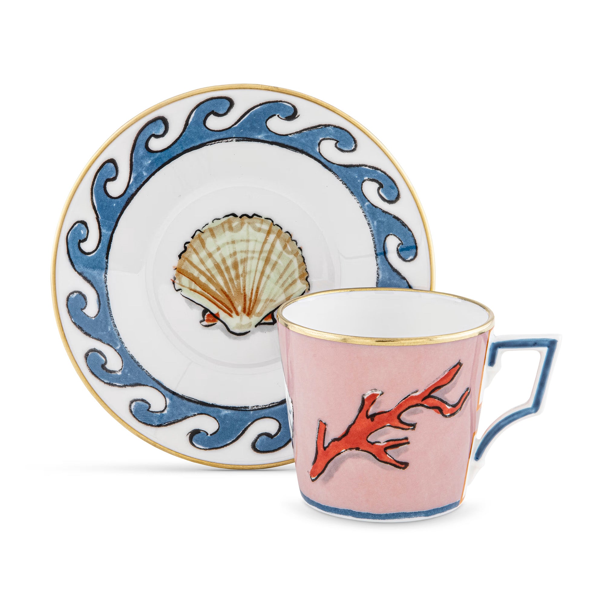 Set 2 cesti pentru espresso si farfurii, 90 ml, Il Viaggio di Nettuno Pink - GINORI 1735