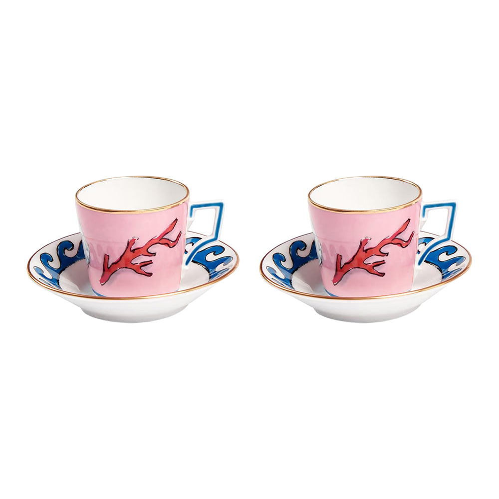 Set 2 cesti pentru espresso si farfurii, 90 ml, Il Viaggio di Nettuno Pink - GINORI 1735