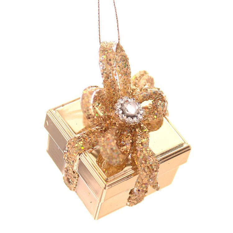 Ornament pentru brad, cadou cu funda, auriu, 5.5 cm - Simona's Christmas