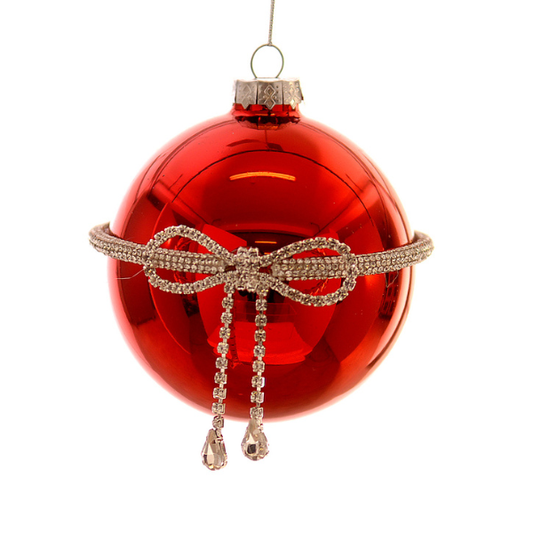 Glob din sticla cu funda, rosu, 10 cm, Lucios - Simona's Christmas